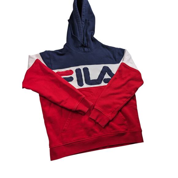 FILA Hoodie Women Medium Colorblock Pullover Red Blue Big Logo Sweatshirt Preppy - Picture 10 of 12